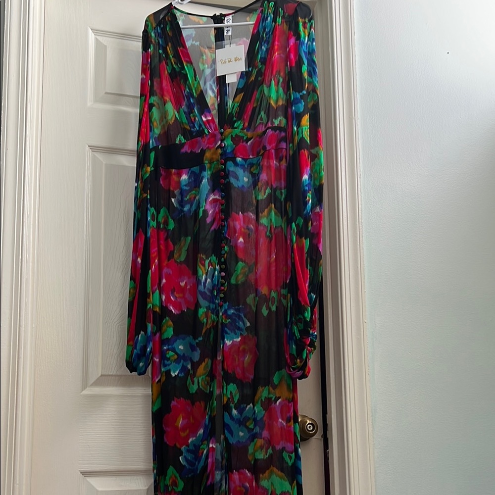Rat & Boa Pink Red Plunge Bishop Sleeve Sundress